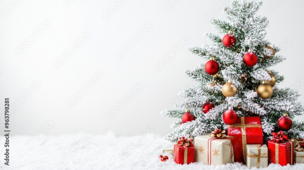A festive Christmas tree adorned with ornaments and surrounded by beautifully wrapped gifts. A festive Christmas tree adorned with ornaments and surrounded by beautifully wrapped gifts.