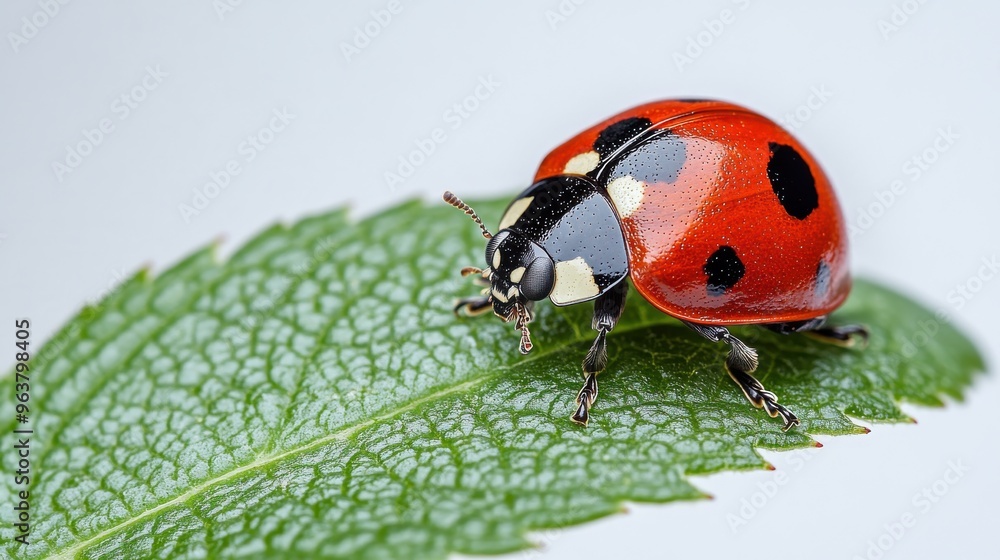 Obraz premium Ladybug on a leaf on white background
