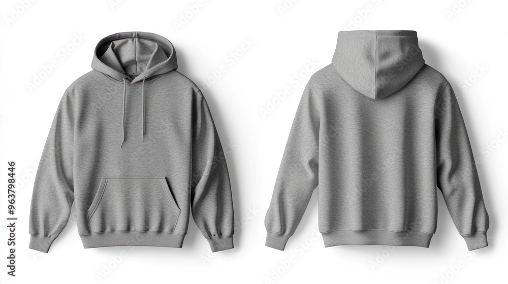 A gray hoodie displayed from the front and back, showcasing its design and style.