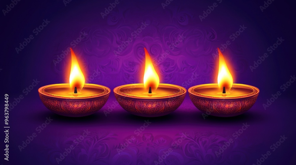 Three lit candles in a row on a purple background Three lit candles in a row on a purple background