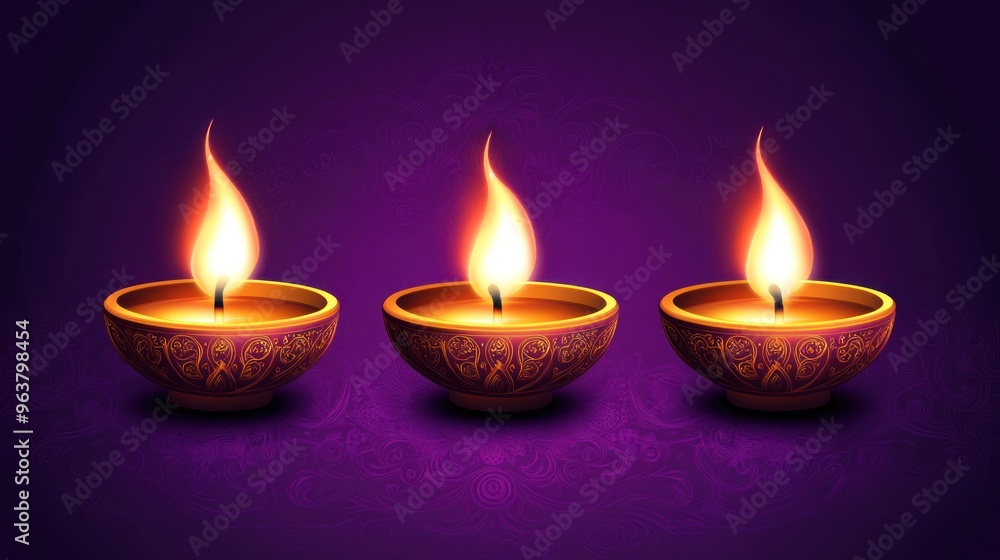 Three lit candles in a row on a purple background Three lit candles in a row on a purple background