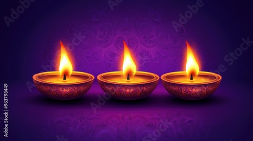 Three lit candles in a row on a purple background