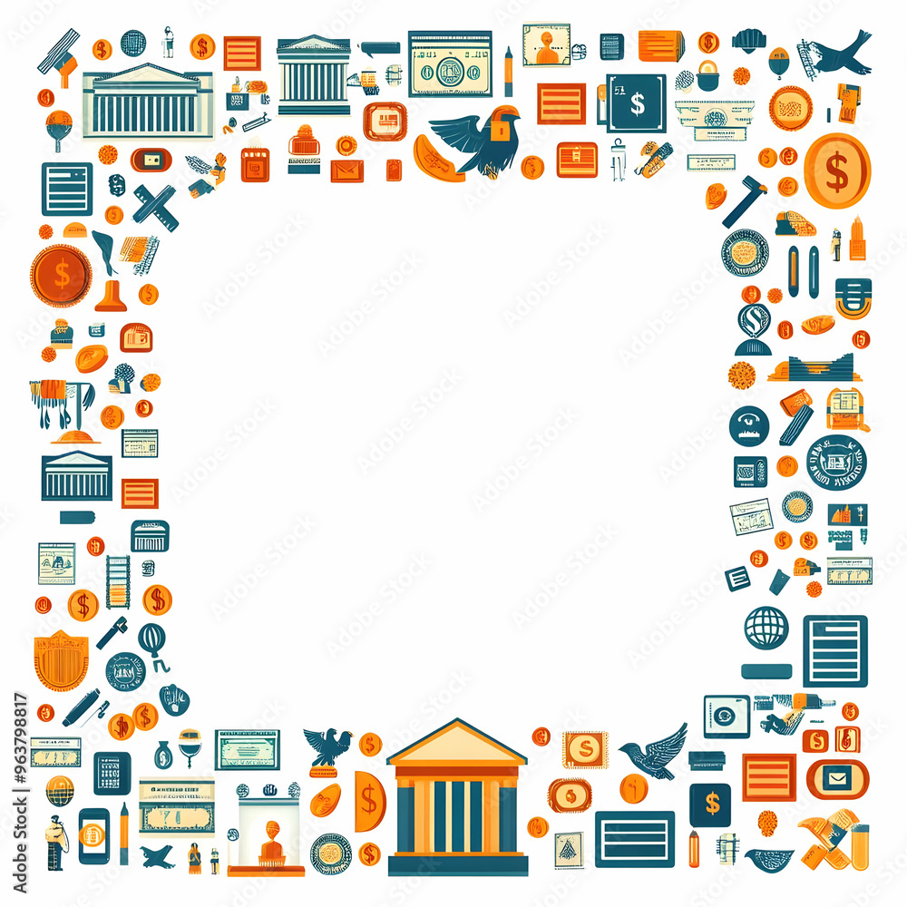 Flat AI Fintech Design with Dollar Symbols Frame - Modern Financial Themed Border Featuring Icons and Copy Space for Cost Management Concepts Flat AI Fintech Design with Dollar Symbols Frame - Modern Financial Themed Border Featuring Icons and Copy Space for Cost Management Concepts