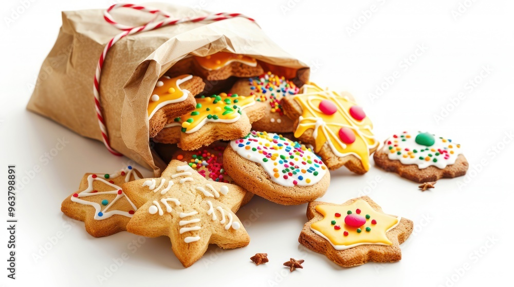 A festive paper bag filled with an assortment of Christmas cookies, decorated with frosting and sprinkles A festive paper bag filled with an assortment of Christmas cookies, decorated with frosting and sprinkles