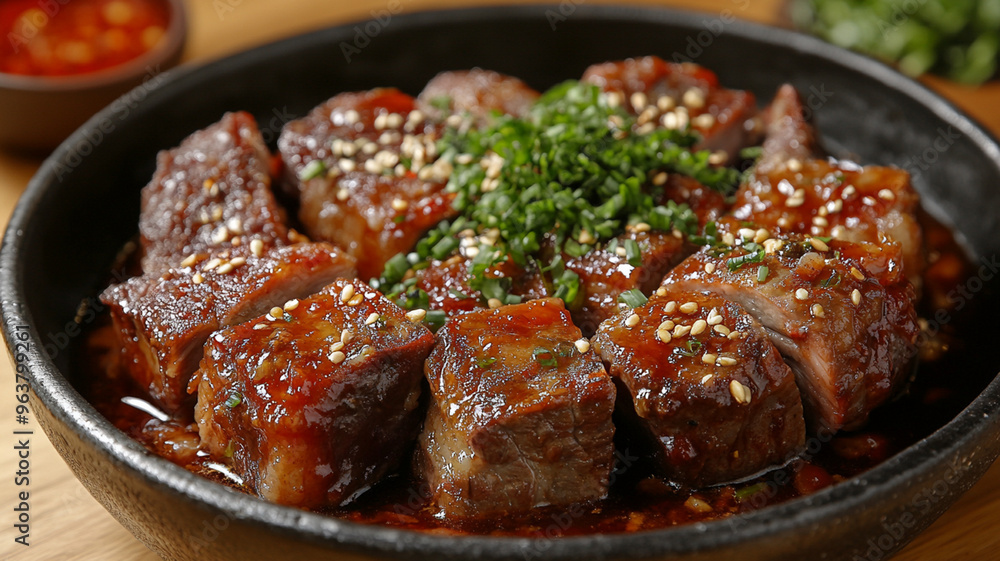 Braised Beef / Lamb Short Ribs with Glaze and Garnish - Asian-Inspired Gourmet Dish, Generative Ai Braised Beef / Lamb Short Ribs with Glaze and Garnish - Asian-Inspired Gourmet Dish, Generative Ai