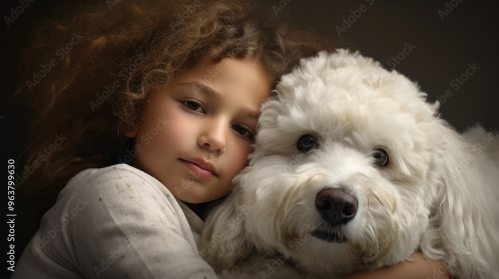 A gentle white poodle cuddling with a child, its soft fur providing warmth and comfort. A gentle white poodle cuddling with a child, its soft fur providing warmth and comfort.