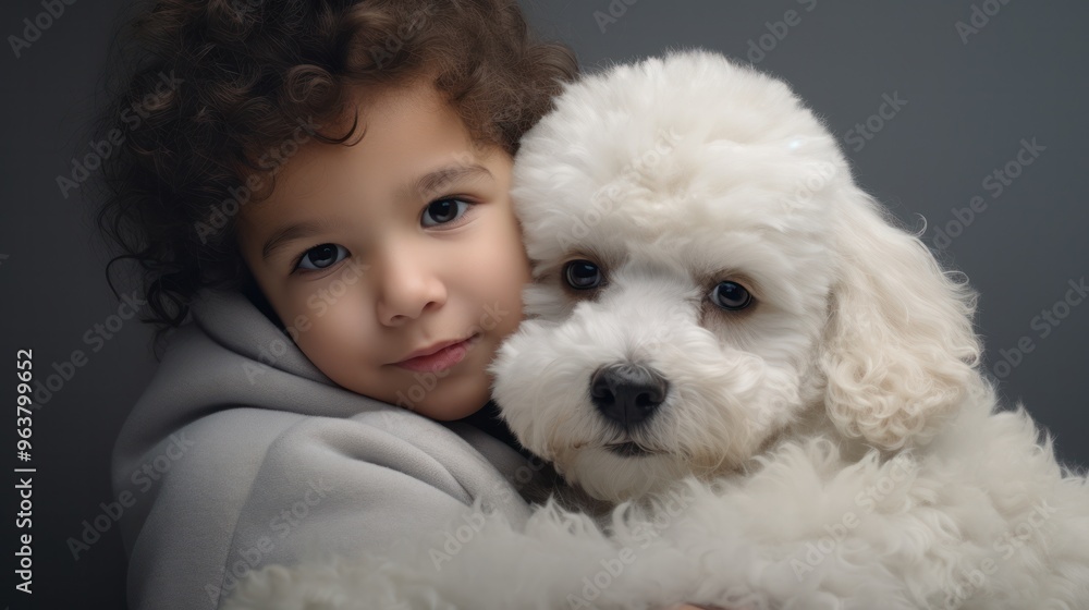 A gentle white poodle cuddling with a child, its soft fur providing warmth and comfort. A gentle white poodle cuddling with a child, its soft fur providing warmth and comfort.