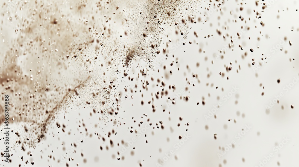 Close-up of tiny brown particles floating gently in the air against a pristine white background, showcasing the delicate texture and fine details of these particles. Perfect for backgrounds, scientifi Close-up of tiny brown particles floating gently in the air against a pristine white background, showcasing the delicate texture and fine details of these particles. Perfect for backgrounds, scientifi