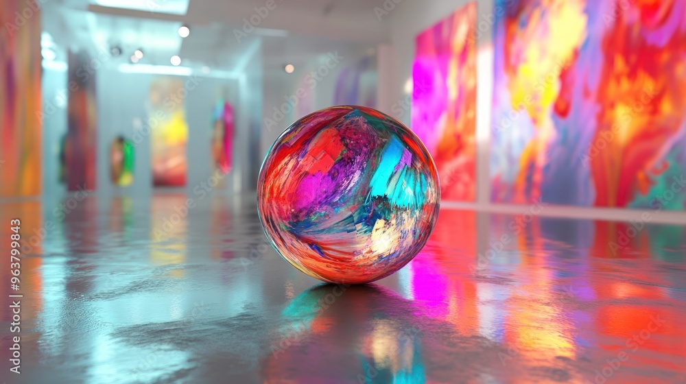 A vibrant sphere in an art gallery with colorful abstract paintings on the walls. A vibrant sphere in an art gallery with colorful abstract paintings on the walls.