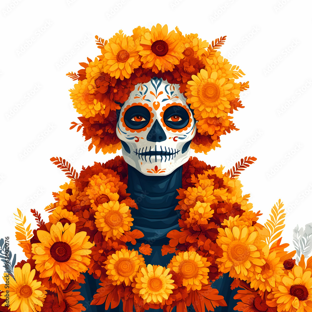 Flat Calavera with Marigold Garland Isolated Vector Design for Dia de Muertos Celebration - Vibrant, Decorative Illustration on White Background Flat Calavera with Marigold Garland Isolated Vector Design for Dia de Muertos Celebration - Vibrant, Decorative Illustration on White Background
