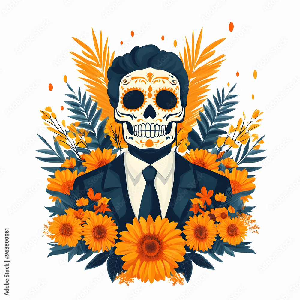Flat Calavera and Marigold Garland Vector Illustration � Vibrant Dia de Muertos Design for Modern Decorate Themes Flat Calavera and Marigold Garland Vector Illustration � Vibrant Dia de Muertos Design for Modern Decorate Themes