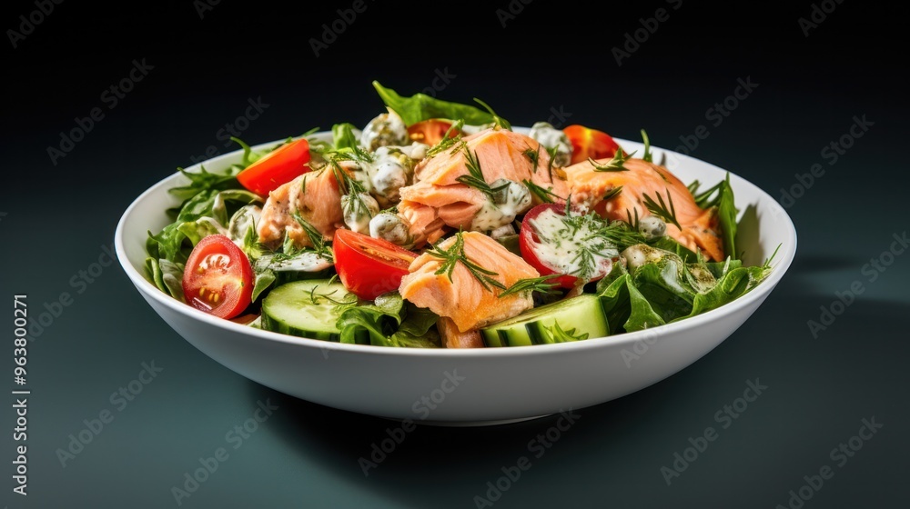 A hearty and satisfying salmon salad, packed with chunks of salmon, mixed greens, cherry tomatoes, cucumbers, and a creamy dill dressing. A hearty and satisfying salmon salad, packed with chunks of salmon, mixed greens, cherry tomatoes, cucumbers, and a creamy dill dressing.