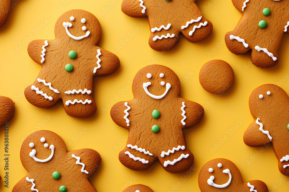 Flat lay of gingerbread men cookies with white frosting and green candies on a yellow background. Flat lay of gingerbread men cookies with white frosting and green candies on a yellow background.