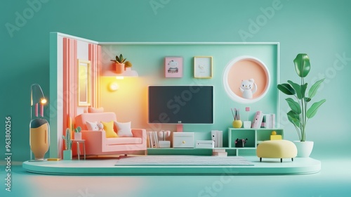 A small room with a pink bed, a white dresser, a television, and a desk