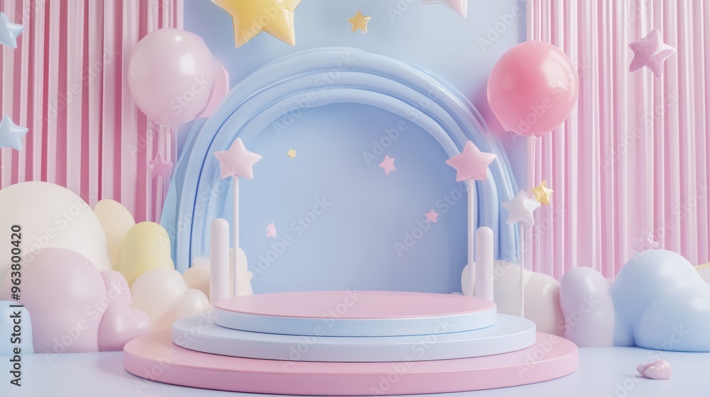 A colorful rainbow with a star in the middle is displayed on a stage A colorful rainbow with a star in the middle is displayed on a stage
