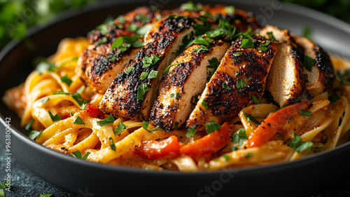 Cajun Chicken Pasta with Creamy Sauce and Fresh Herbs - Close-Up Food Photography, Generative Ai