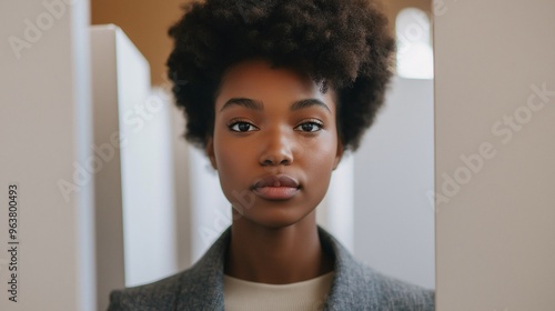 Unwavering Gaze: A young Black woman with a powerful presence, framed by modern architecture, stares directly at the viewer with an unflinching gaze.  photo