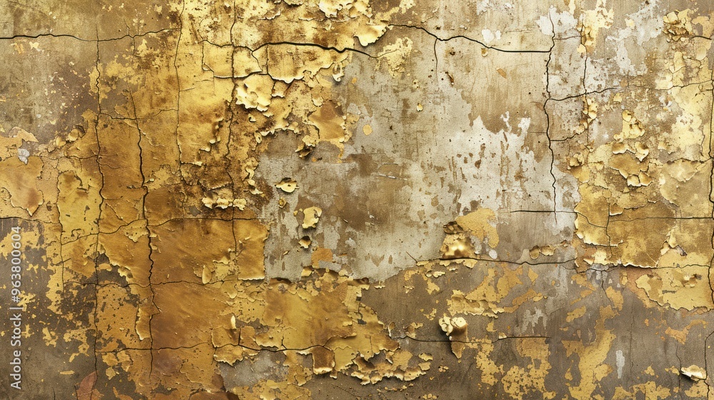 Fototapeta premium A high-resolution digital artwork of an aged, weathered gold wall with peeling paint and cracks, revealing layers of history beneath.