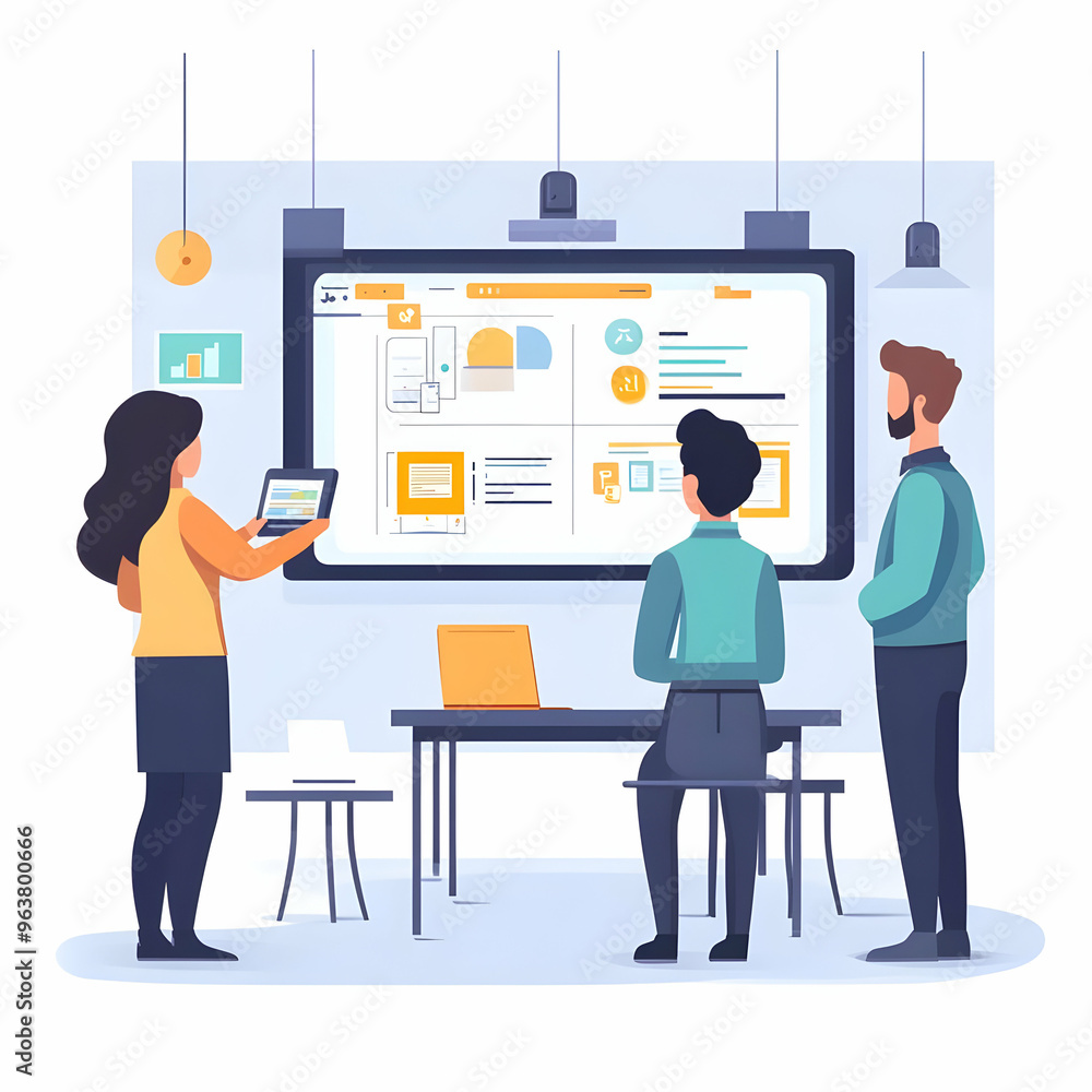 Flat Glossy AI Enhanced Education Background: Modern High-Tech Classroom with Interactive Whiteboards & Innovative Learning Tools - Vector Illustration Flat Glossy AI Enhanced Education Background: Modern High-Tech Classroom with Interactive Whiteboards & Innovative Learning Tools - Vector Illustration
