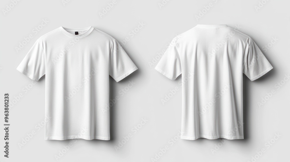 A plain white t-shirt displayed from the front and back for design or retail purposes. A plain white t-shirt displayed from the front and back for design or retail purposes.