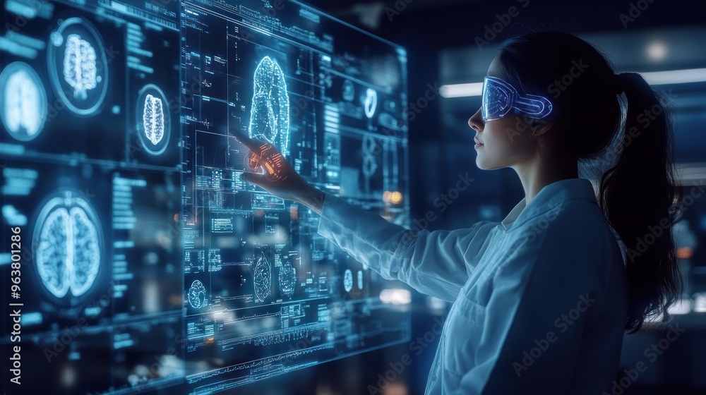 A scientist interacts with a holographic brain interface, analyzing data and research. A scientist interacts with a holographic brain interface, analyzing data and research.