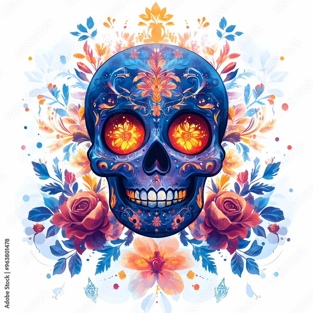 Flat Glowing Sugar Skull with Intricate Floral Patterns - Modern Dia de Muertos Digital Art in Vector Style Flat Glowing Sugar Skull with Intricate Floral Patterns - Modern Dia de Muertos Digital Art in Vector Style