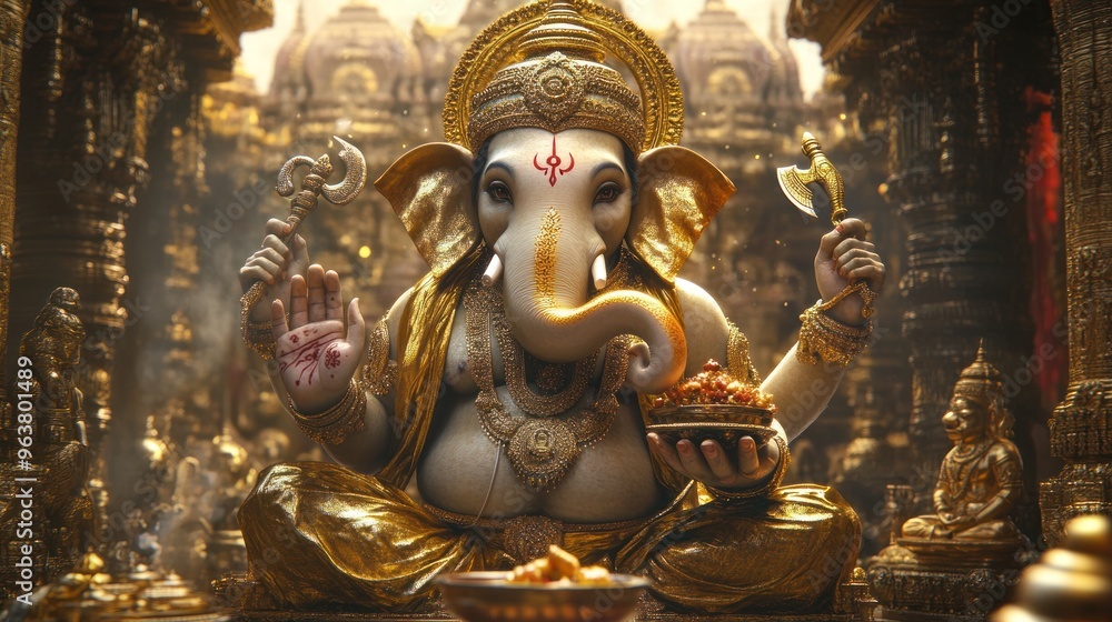 A gold statue of ganesh holding a bowl of food A gold statue of ganesh holding a bowl of food