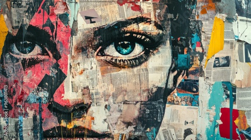 Vibrant street art featuring a woman's face with intense blue eyes, textured layers of paint and newspaper collage creating a dynamic urban aesthetic. photo