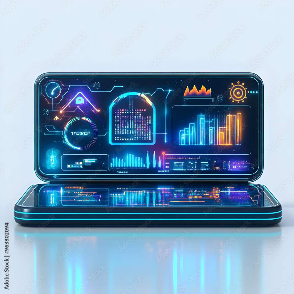 Flat Holographic Smart Home Hub Design with Glowing Interface: AI Integration in Smart Devices - Simple Vector Illustration on Glossy White Surface
