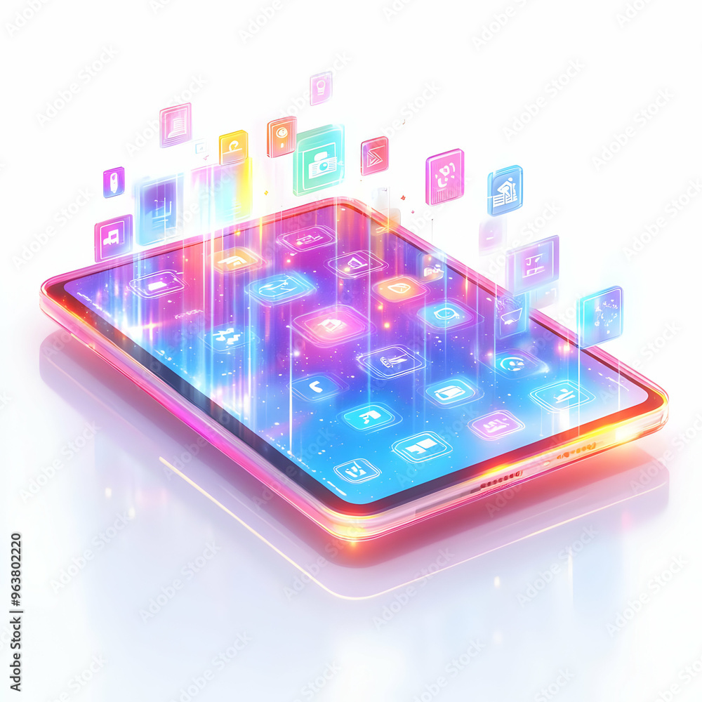 Futuristic Flat Holographic Tablet with Floating Icons � Vector Illustration of a High-Tech Device on Glossy White Surface, Perfect for Business Concepts