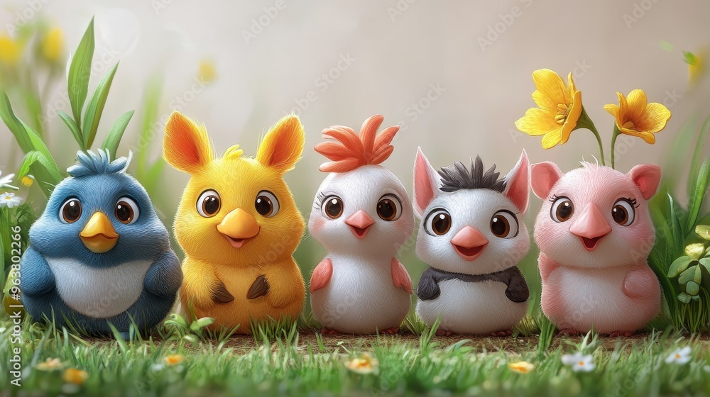 Obraz premium Playful cartoon farm animals on white background