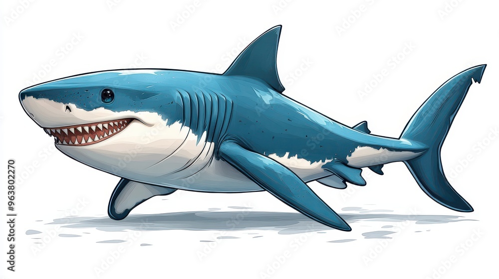 Fototapeta premium Playful cartoon shark on plain white background