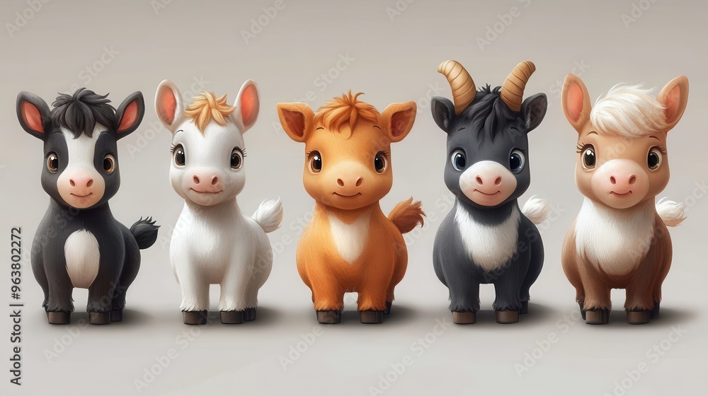 Naklejka premium Playful cartoon farm animals on white background