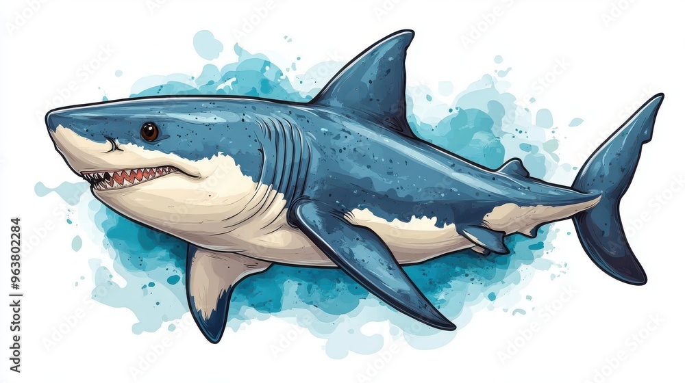 Naklejka premium Playful cartoon shark on plain white background
