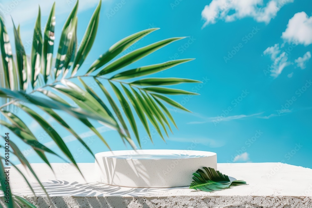 Obraz premium White podium with palm leaves