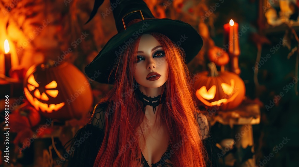 A woman in a witch costume is standing in front of a table with several pumpkins A woman in a witch costume is standing in front of a table with several pumpkins