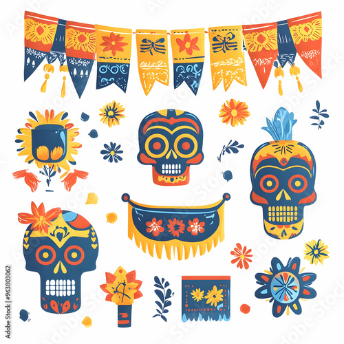 Flat Papel Picado and Ofrenda Vector Illustration - Simple Dia de Muertos Design Featuring Festive Banners and Ofenda on White Background