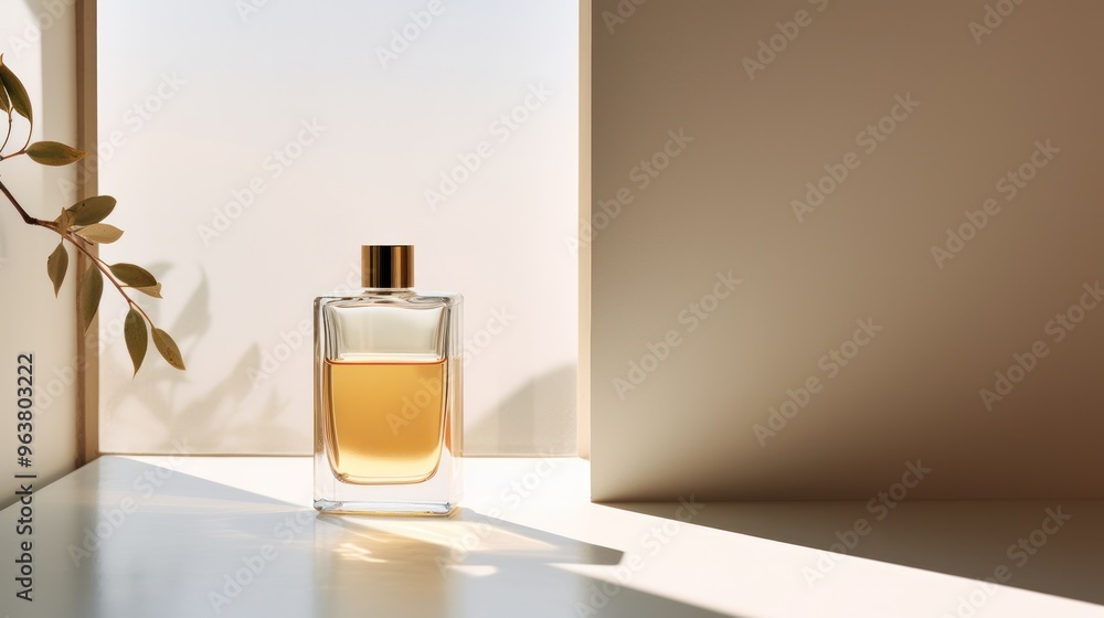 A minimalist perfume bottle with a simple label, elegantly placed on a sun-drenched windowsill, creating a dramatic play of light and shadow. A minimalist perfume bottle with a simple label, elegantly placed on a sun-drenched windowsill, creating a dramatic play of light and shadow.