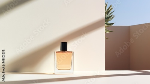 Wallpaper Mural A minimalist perfume bottle with a simple label, elegantly placed on a sun-drenched windowsill, creating a dramatic play of light and shadow. Torontodigital.ca