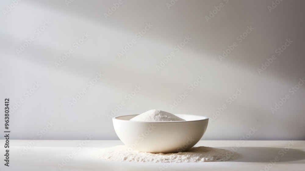 A minimalist still life arrangement featuring a simple white ceramic bowl overflowing with cornflour A minimalist still life arrangement featuring a simple white ceramic bowl overflowing with cornflour