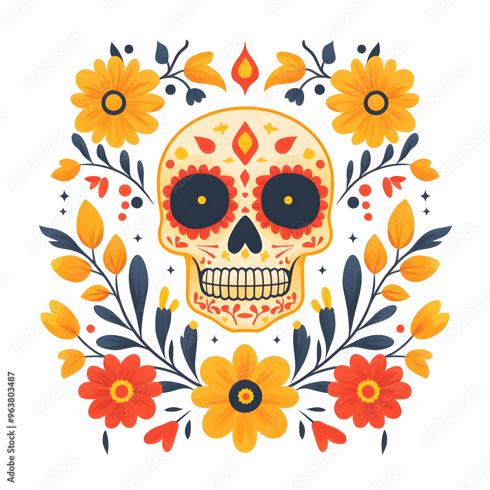 Fototapeta premium Flat Sugar Skull and Marigold Petal Vector Illustration for Dia de Muertos - Traditional Design with Clean Lines on White Background
