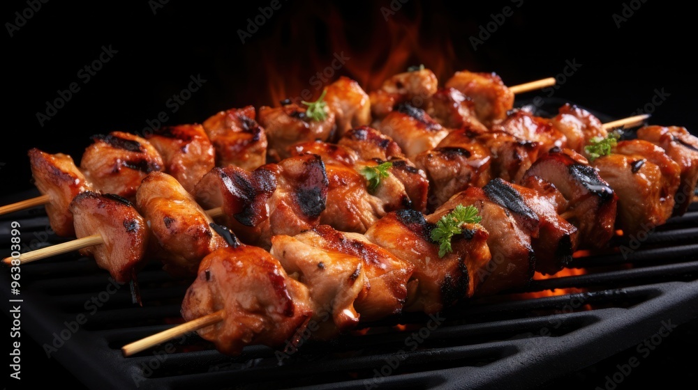 A mouthwatering close-up shot of grilled pork and chicken skewers glistening with BBQ sauce, perfectly charred and ready to devour. A mouthwatering close-up shot of grilled pork and chicken skewers glistening with BBQ sauce, perfectly charred and ready to devour.