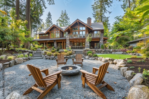 Beautiful home with large backyard, firepit, and patio area in Washington state, surrounded by gravel yard and trees.