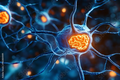 Oligodendrocyte progenitors cortico spinal tracts and neuroplasticity maintenance close up of a glowing neuron in a neural network highlighting synaptic transmission and cognitive flow photo