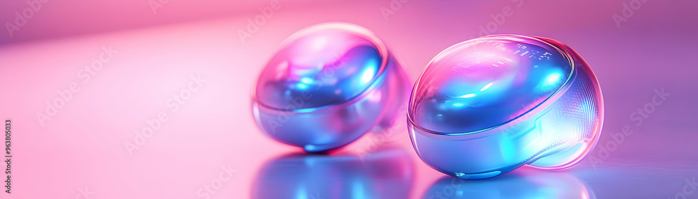 Obraz premium Futuristic Holographic Earphones on Glossy Dock with Ambient Light - High-Quality Stock Photo of Modern Tech Design Isolated on White Background