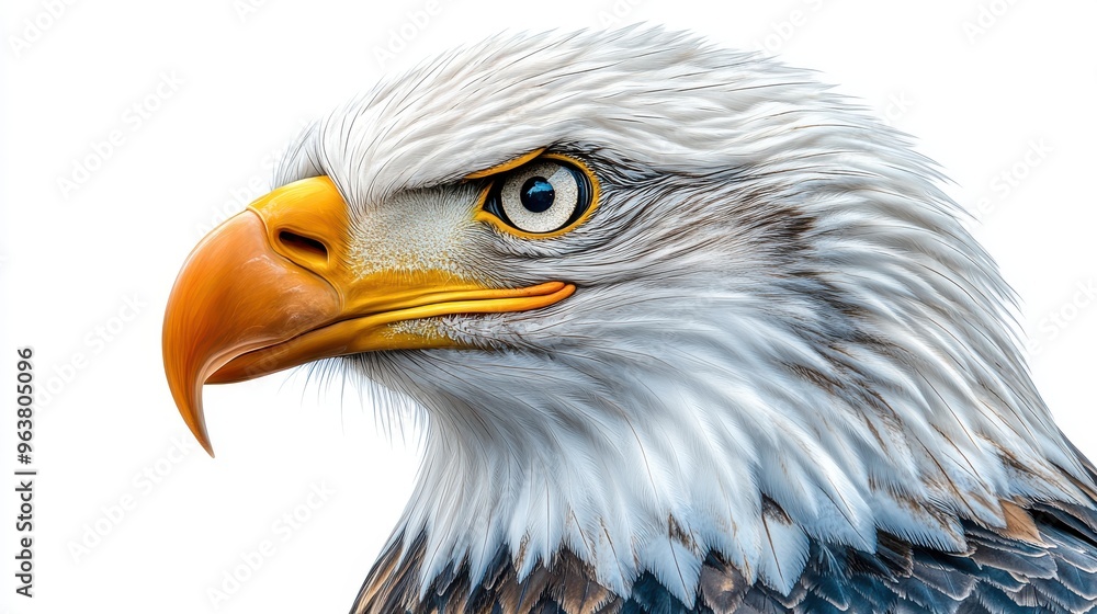 Fototapeta premium Side view of a bald eagle on a pristine white background, highlighting its detailed feathers