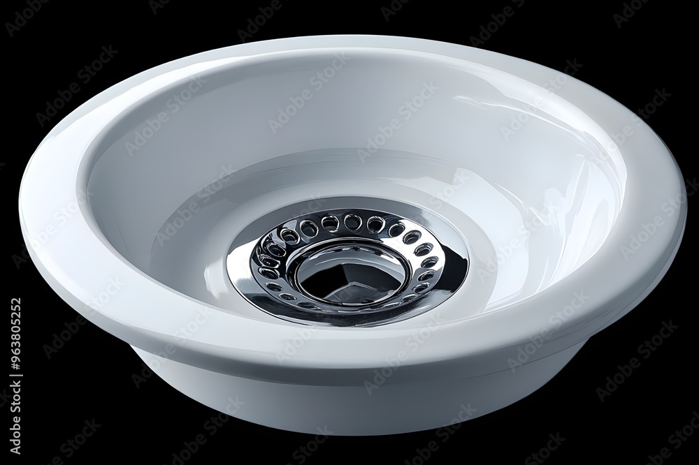 a white sink with a silver drain
a white sink with a silver drain
