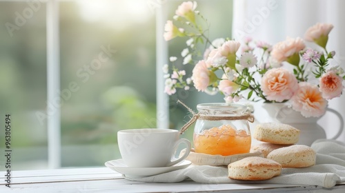 Wallpaper Mural Cozy breakfast scene with a jar of peach jam, warm scones, and a cup of coffee, evoking a comforting morning ambiance. Torontodigital.ca