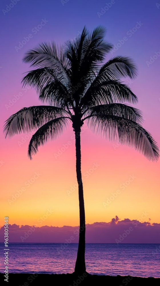 Palm tree silhouette at tropical sunset backdrop Palm tree silhouette at tropical sunset backdrop
