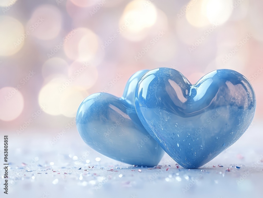 3D Blue Hearts on a White Surface with Pastel Bokeh Background 3D Blue Hearts on a White Surface with Pastel Bokeh Background